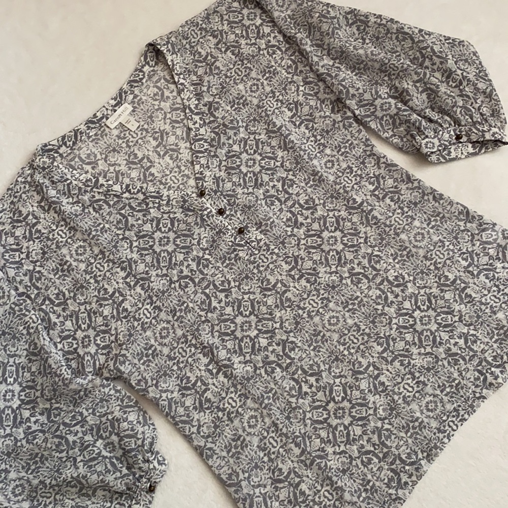 Garnet Hill | Button-Detail Silk Blouse 3/4 Sleeve Blouse Top Gray Floral (0)